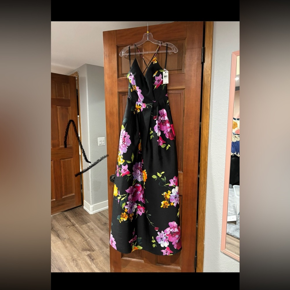 Macy's Elegant Black Dress with Pink and Purple Floral Design